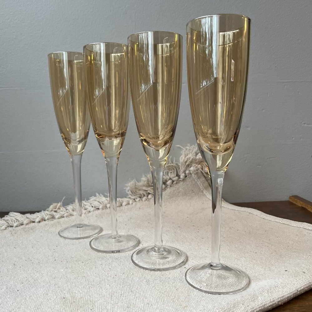 4 Champagne Flute Amber Glasses 10" Tall Long Stem